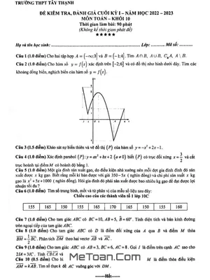 Đề Thi Cuối Kỳ 1 Toán 10 Năm 2022 - 2023 Trường THPT Tây Thạnh - TP.HCM