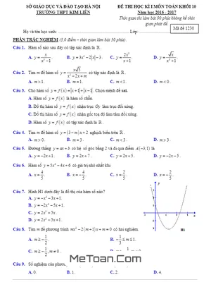 Đề thi HK1 Toán 10 năm học 2016 - 2017 trường THPT Kim Liên - Hà Nội