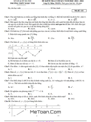 Đề thi HK1 Toán 12 năm 2023 - 2024 trường THPT Ngọc Tảo - Hà Nội