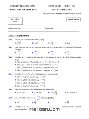 Đề thi HK1 Toán 12 năm 2019 - 2020 trường THPT Thủ Khoa Huân - TP HCM