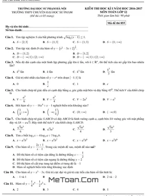 Đề thi HK1 Toán 12 năm 2016 - 2017 trường THPT chuyên ĐHSP Hà Nội