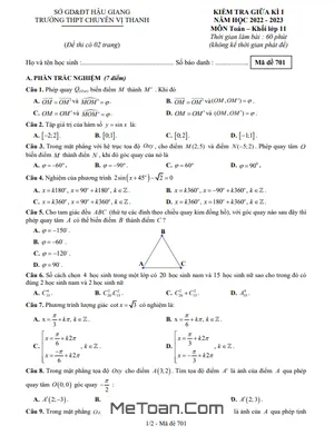 Đề Thi Giữa Kì 1 Toán 11 Năm 2022 - 2023 Trường Chuyên Vị Thanh - Hậu Giang