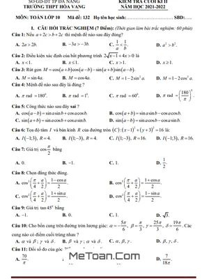 Đề thi cuối kì 2 Toán 10 năm 2021 - 2022 trường THPT Hòa Vang - Đà Nẵng (Mã đề 132)