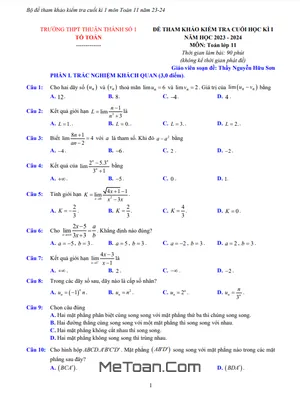 Bộ Đề Tham Khảo Cuối Kì 1 Toán 11 Năm 2023 - 2024 Trường Thuận Thành 1 - Bắc Ninh