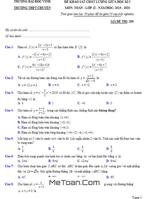 Đề KSCL Giữa Kì 1 Toán 12 Năm 2019 - 2020 Trường Chuyên ĐH Vinh - Nghệ An