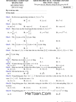 Đề thi học kỳ 2 Toán 12 năm học 2019 - 2020 sở GD&ĐT Quảng Nam