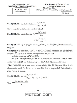 Đề kiểm tra giữa HK2 Toán 11 năm 2020 - 2021 trường THPT Thị xã Quảng Trị