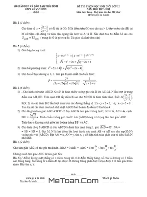 Đề thi chọn HSG Toán 12 năm học 2017 - 2018 trường THPT Lê Quý Đôn - Thái Bình