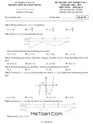 Đề thi thử Toán TN THPT 2023 lần 1 trường THPT Bảo Thắng 2 – Lào Cai