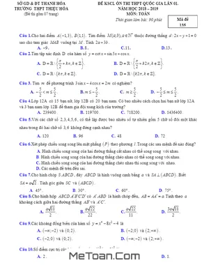 Đề KSCL Toán Ôn Thi THPTQG Lần 1 Năm 2018 - 2019 Trường Thiệu Hóa - Thanh Hóa