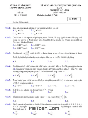 Đề KSCL THPT Quốc Gia 2018 Môn Toán Trường THPT Lê Xoay – Vĩnh Phúc Lần 3