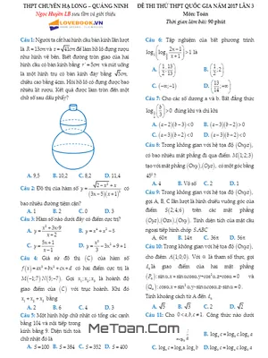 Đề thi thử THPT Quốc gia môn Toán trường THPT chuyên Hạ Long - Quảng Ninh lần 3 năm 2017 có đáp án