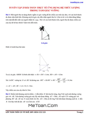 Tuyển tập 25 Bài Toán Thực Tế Ứng Dụng Hệ Thức Lượng Trong Tam Giác Vuông