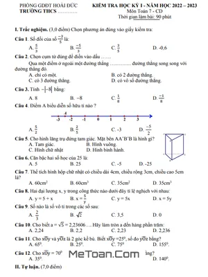 Đề thi học kì 1 Toán 7 Cánh Diều năm 2022 - 2023 phòng GD&ĐT Hoài Đức - Hà Nội