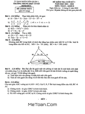 Đề thi học kỳ 1 Toán 8 năm 2021 - 2022 trường THCS Minh Đức - TP HCM