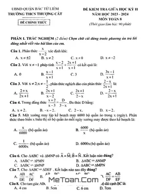 Đề thi giữa học kỳ 2 Toán 8 năm 2023 - 2024 trường THCS Thượng Cát - Hà Nội