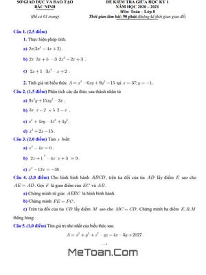 Đề thi giữa kì 1 Toán 8 năm 2020 - 2021 Sở GD&ĐT Bắc Ninh