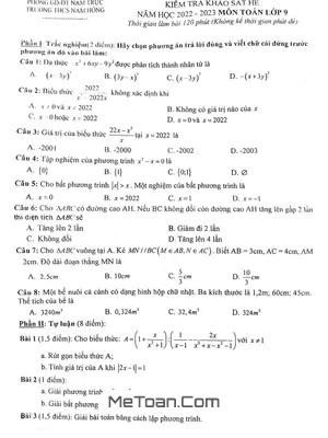 Đề khảo sát hè Toán 9 năm 2022 - 2023 trường THCS Nam Hồng - Nam Định