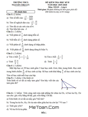 Đề thi Toán 6 cuối kỳ 2 năm 2019-2020 trường THCS Nguyễn Thị Lựu - Đồng Tháp (có đáp án)