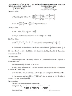 Đề thi học sinh giỏi Toán 7 năm 2022 - 2023 phòng GD&ĐT Đông Hưng, Thái Bình