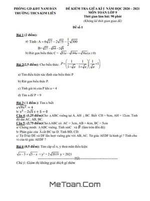Đề thi giữa HK1 Toán 9 năm 2020 - 2021 trường THCS Kim Liên - Nghệ An