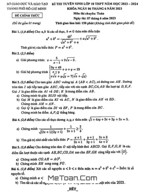 Đề thi Tuyển sinh Lớp 10 Môn Toán (Chuyên) Năm 2023 - 2024 Sở GD&ĐT TP. Hồ Chí Minh