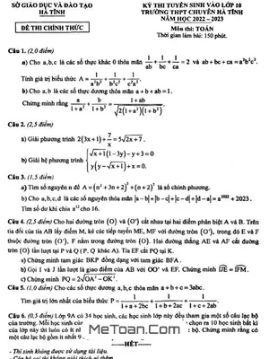 Đề Thi Tuyển Sinh Lớp 10 Môn Toán Năm 2022 - 2023 Trường THPT Chuyên Hà Tĩnh