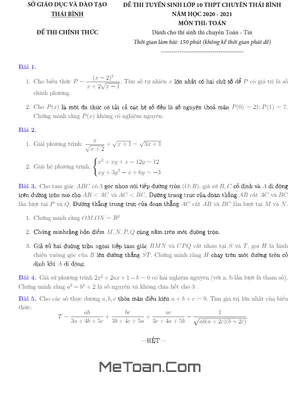 Đề thi vào lớp 10 chuyên Toán trường THPT chuyên Thái Bình năm học 2020 - 2021