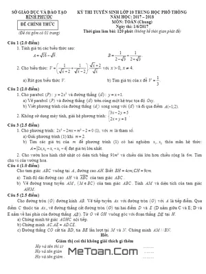 Đề thi tuyển sinh lớp 10 môn Toán Bình Phước năm 2017 - 2018 có lời giải