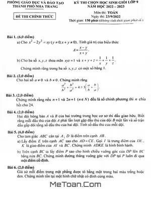 Đề thi học sinh giỏi Toán 9 năm 2022 - 2023 phòng GD&ĐT Nha Trang - Khánh Hòa