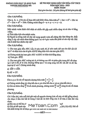 Đề thi học sinh giỏi Toán THCS năm 2024 - 2025 phòng GD&ĐT Đông Hà - Quảng Trị