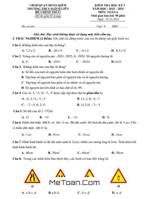 Đề thi học kỳ 1 Toán lớp 6 năm 2024 - 2025 trường THCS Ngô Sĩ Liên - Hà Nội