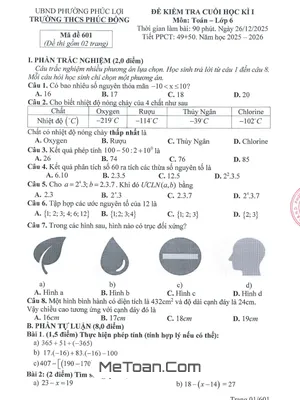 Đề Cuối Học Kì 1 Toán 6 Năm 2025 – 2026 Trường THCS Phúc Đồng – Hà Nội