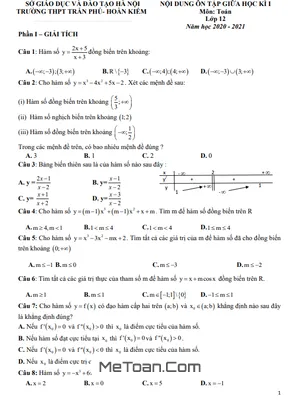 NỘI DUNG ÔN TẬP GIỮA HK1 TOÁN 12 NĂM 2020 - 2021 TRƯỜNG THPT TRẦN PHÚ - HÀ NỘI