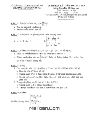 Đề thi HK1 lớp 10 môn Toán trường Chu Văn An - Hà Nội năm 2012 - 2013
