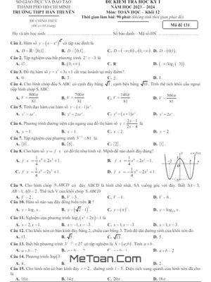 Đề thi học kỳ 1 Toán 12 năm 2023 - 2024 trường THPT Hàn Thuyên - TP HCM