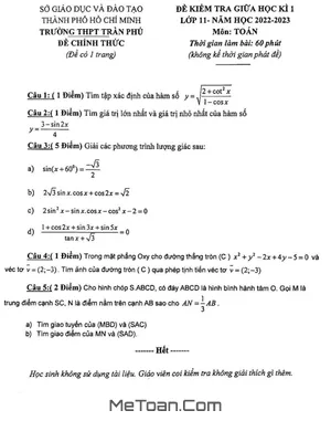 Đề Thi Giữa Học Kì 1 Toán 11 Năm 2022 - 2023 Trường THPT Trần Phú - TP.HCM