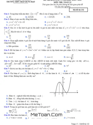 Đề thi KSCL Toán 12 lần 1 năm 2018 - 2019 trường Trần Hưng Đạo - Vĩnh Phúc