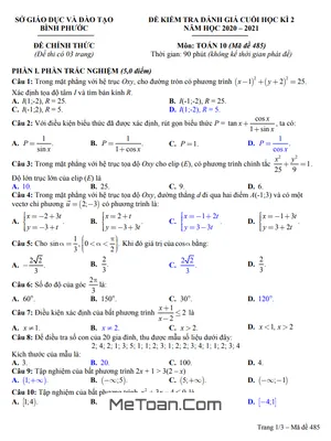 Đề thi cuối kì 2 Toán 10 năm 2020 - 2021 sở GD&ĐT Bình Phước mã đề 485