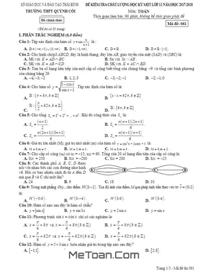 Đề kiểm tra chất lượng HK1 Toán 11 năm học 2017 - 2018 trường THPT Quỳnh Côi - Thái Bình (Có đáp án)