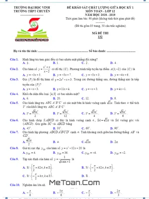 Đề KSCL giữa HK1 Toán 12 năm 2018 – 2019 trường THPT chuyên Đại học Vinh – Nghệ An