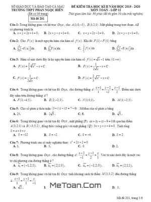 Đề thi HK2 Toán 12 năm 2019 - 2020 trường THPT Phan Ngọc Hiển - Cà Mau