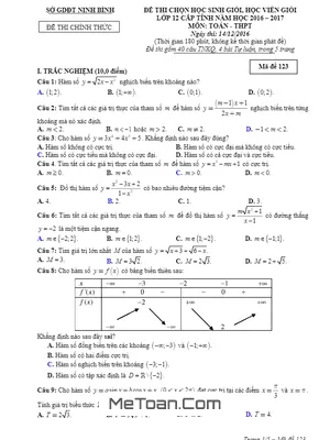Đề thi chọn học sinh giỏi Toán 12 năm học 2016 - 2017 Sở GD&ĐT Ninh Bình