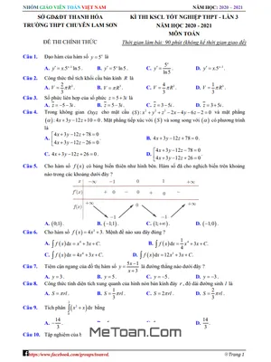 Đề KSCL Toán Thi Tốt Nghiệp THPT 2021 Lần 3 Trường Chuyên Lam Sơn - Thanh Hóa