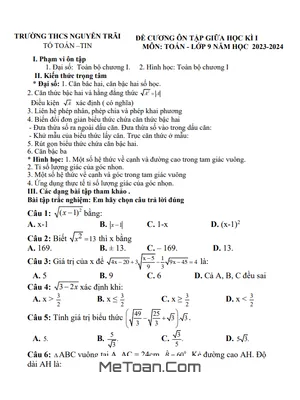 Đề Cương Ôn Tập Giữa Kì 1 Toán 9 Năm 2023-2024 Trường THCS Nguyễn Trãi - Quảng Trị