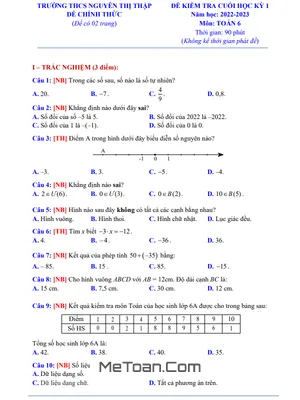 Đề thi học kì 1 Toán lớp 6 năm 2022 - 2023 trường THCS Nguyễn Thị Thập - TP HCM (có đáp án)