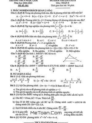 Đề thi giữa kì 2 Toán 8 năm 2022 - 2023 trường THCS Ngọc Lâm - Hà Nội
