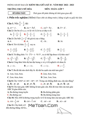 Đề thi giữa kỳ 2 Toán 7 năm 2022-2023 trường THCS Mỹ Hòa - Quảng Nam (có đáp án)