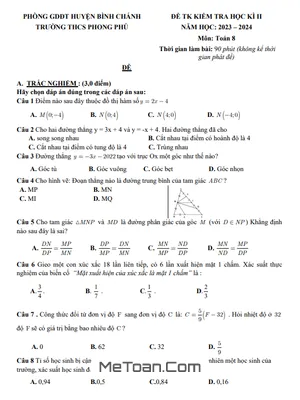 Đề Tham Khảo Cuối Kỳ 2 Toán 8 Năm 2023 - 2024 Phòng GD&ĐT Bình Chánh - TP HCM