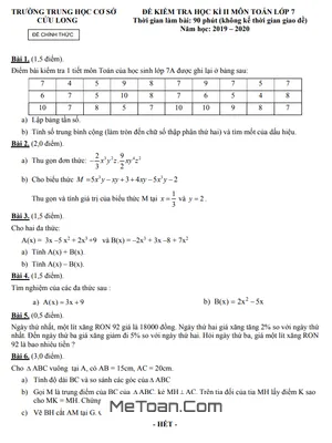Đề thi học kì 2 Toán 7 năm 2019 - 2020 trường THCS Cửu Long có đáp án